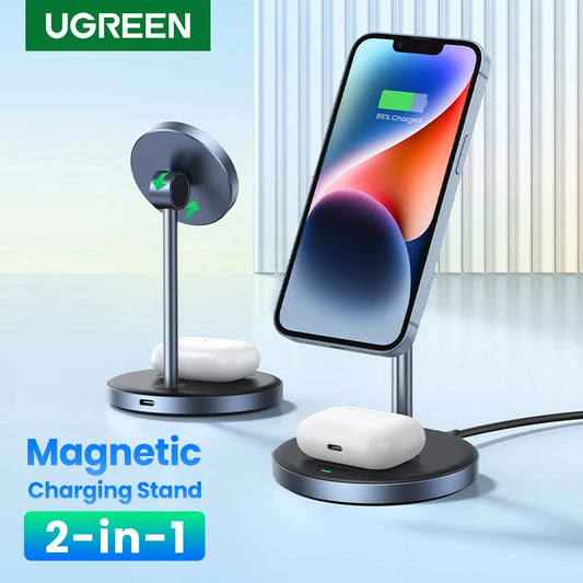 UGREEN 20W Magnetic Wireless Charger Stand - Fast 2-in-1 Charging for iPhone 15/16 Pro Max & AirPods - Compatible with iPhone from 12 to 16