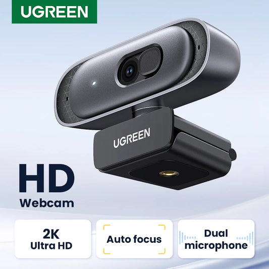 Cámara web UGREEN 2K Ultra HD con dos micrófonos: cámara USB para videollamadas y streaming con una nitidez nítida