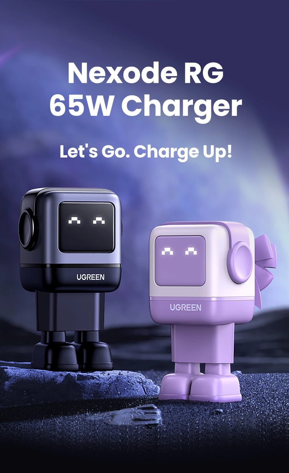 UGREEN 65W GaN Charger - Robot Design, Quick Charge 4.0/3.0, PPS PD Fast Charger for iPhone 16/15/14 Pro, MacBook & Tablets