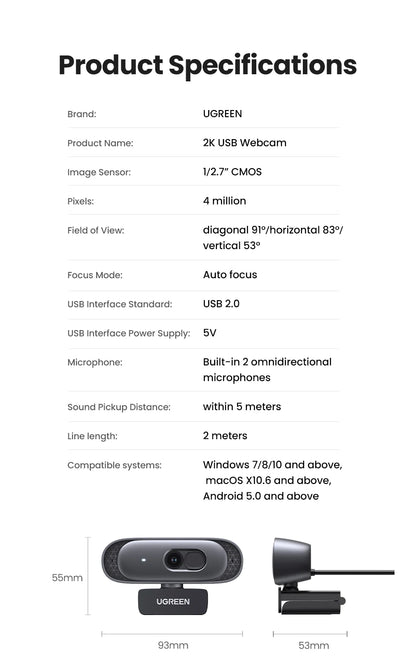 UGREEN 2K Ultra HD Webcam with Dual Microphones - USB Camera for Crystal Clear Video Calls & Streaming