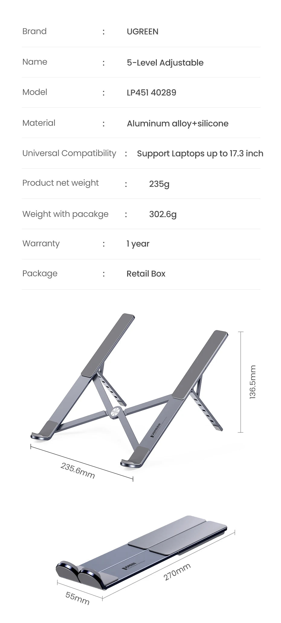 UGREEN Foldable Aluminum Laptop Stand - Universal Vertical Support for Laptops & Tablets