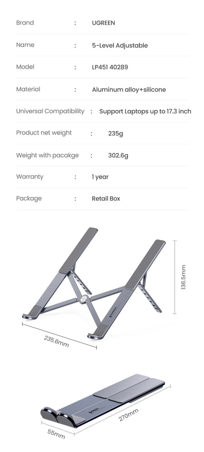 UGREEN Foldable Aluminum Laptop Stand - Universal Vertical Support for Laptops & Tablets