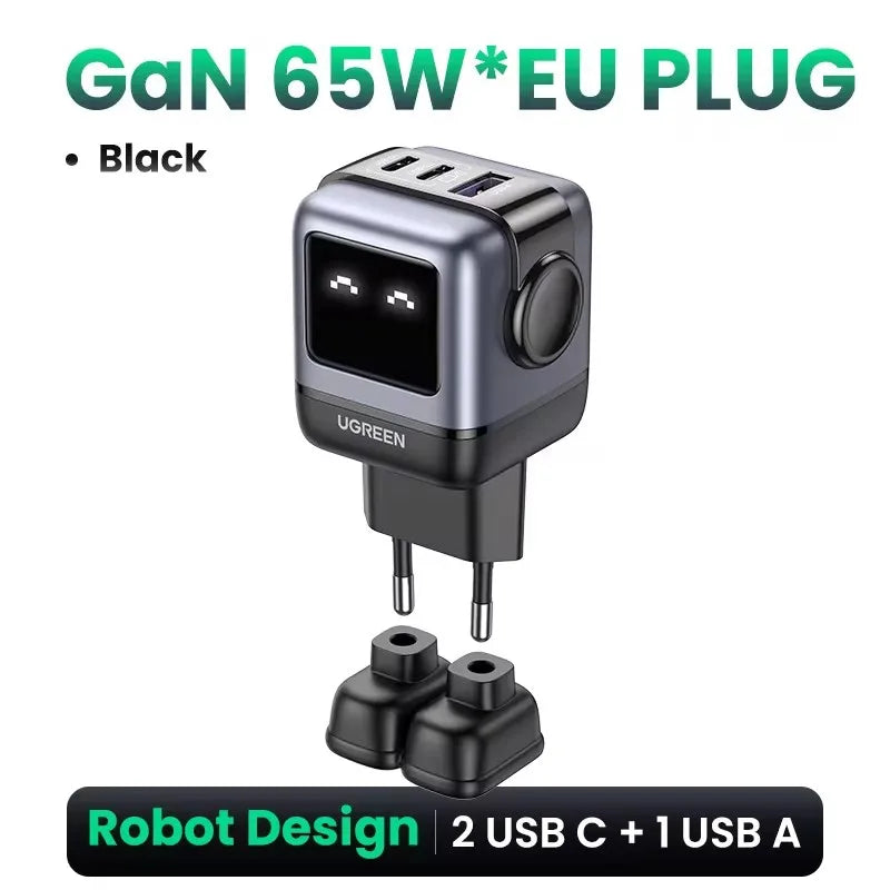 UGREEN 65W GaN Charger - Robot Design, Quick Charge 4.0/3.0, PPS PD Fast Charger for iPhone 16/15/14 Pro, MacBook & Tablets