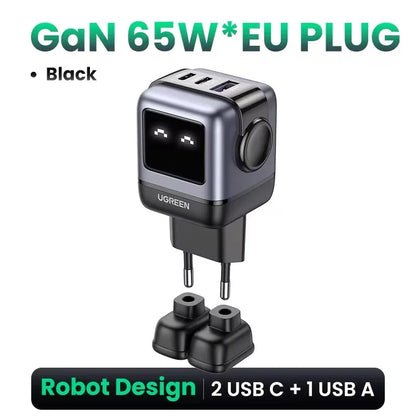 UGREEN 65W GaN Charger - Robot Design, Quick Charge 4.0/3.0, PPS PD Fast Charger for iPhone 16/15/14 Pro, MacBook & Tablets