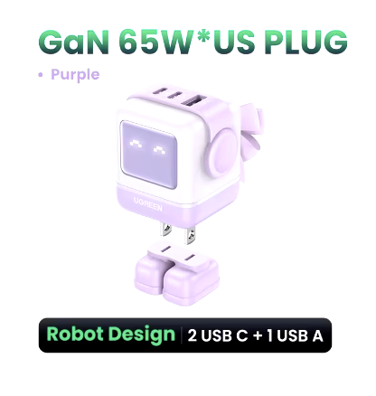 UGREEN 65W GaN Charger - Robot Design, Quick Charge 4.0/3.0, PPS PD Fast Charger for iPhone 16/15/14 Pro, MacBook & Tablets