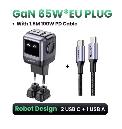 UGREEN 65W GaN Charger - Robot Design, Quick Charge 4.0/3.0, PPS PD Fast Charger for iPhone 16/15/14 Pro, MacBook & Tablets