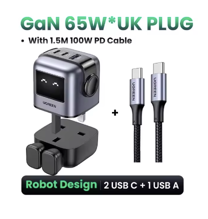 UGREEN 65W GaN Charger - Robot Design, Quick Charge 4.0/3.0, PPS PD Fast Charger for iPhone 16/15/14 Pro, MacBook & Tablets