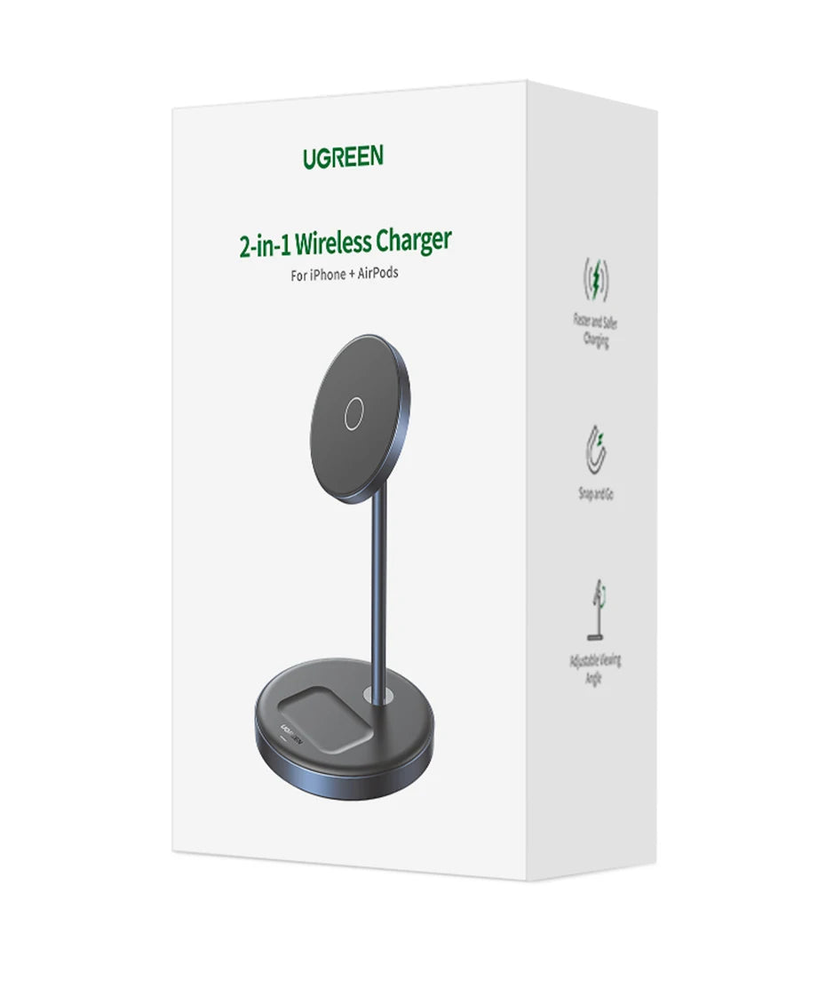 UGREEN 20W Magnetic Wireless Charger Stand - Fast 2-in-1 Charging for iPhone 15/16 Pro Max & AirPods - Compatible with iPhone from 12 to 16