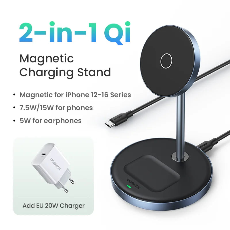 UGREEN 20W Magnetic Wireless Charger Stand - Fast 2-in-1 Charging for iPhone 15/16 Pro Max & AirPods - Compatible with iPhone from 12 to 16